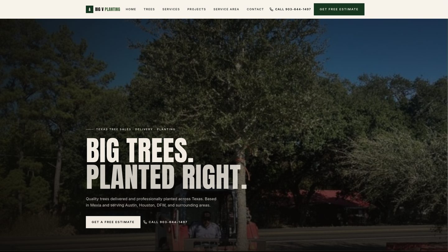 Big V Planting Services website built by JSH Marketing shown on a phone