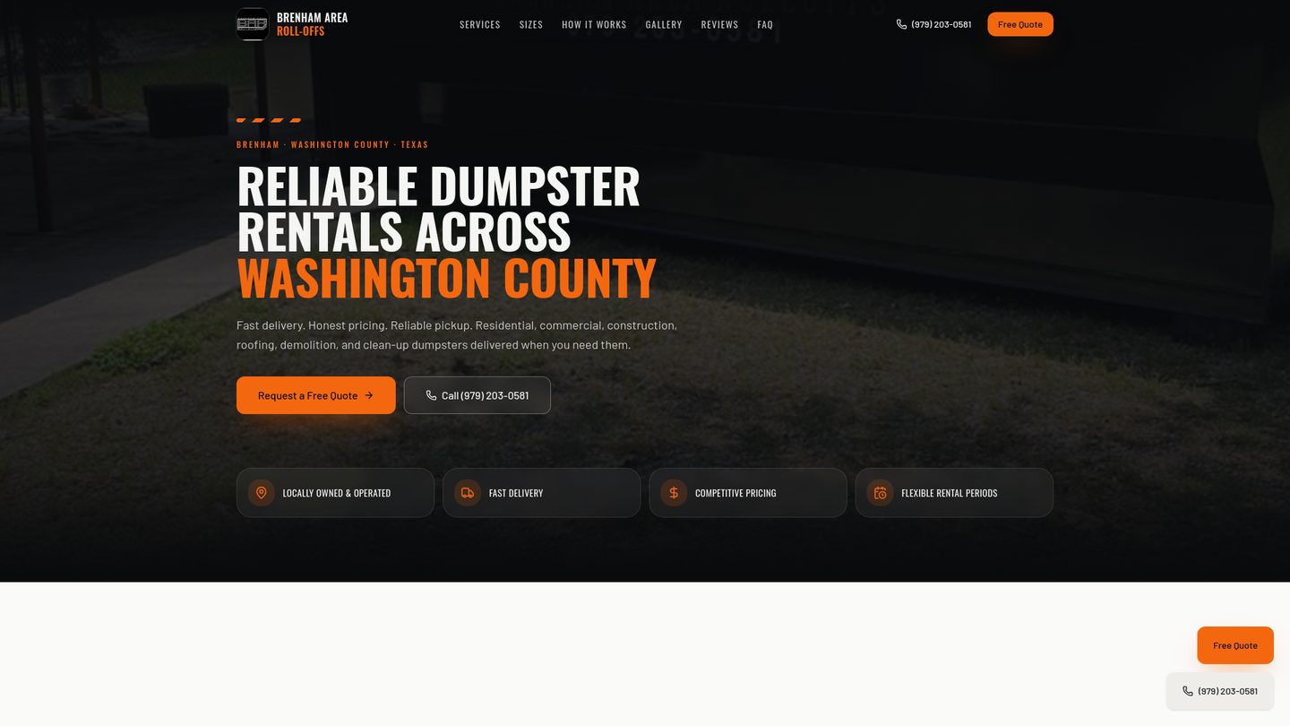 Brenham Area Roll-Offs website homepage built by JSH Marketing