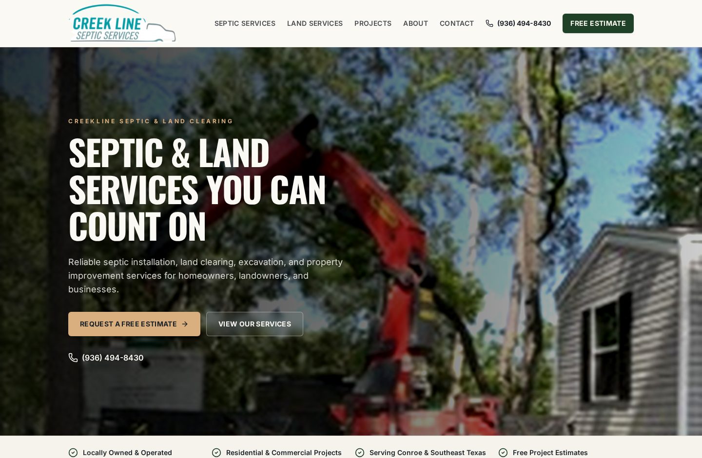 Creekline Septic & Land Clearing website homepage built by JSH Marketing
